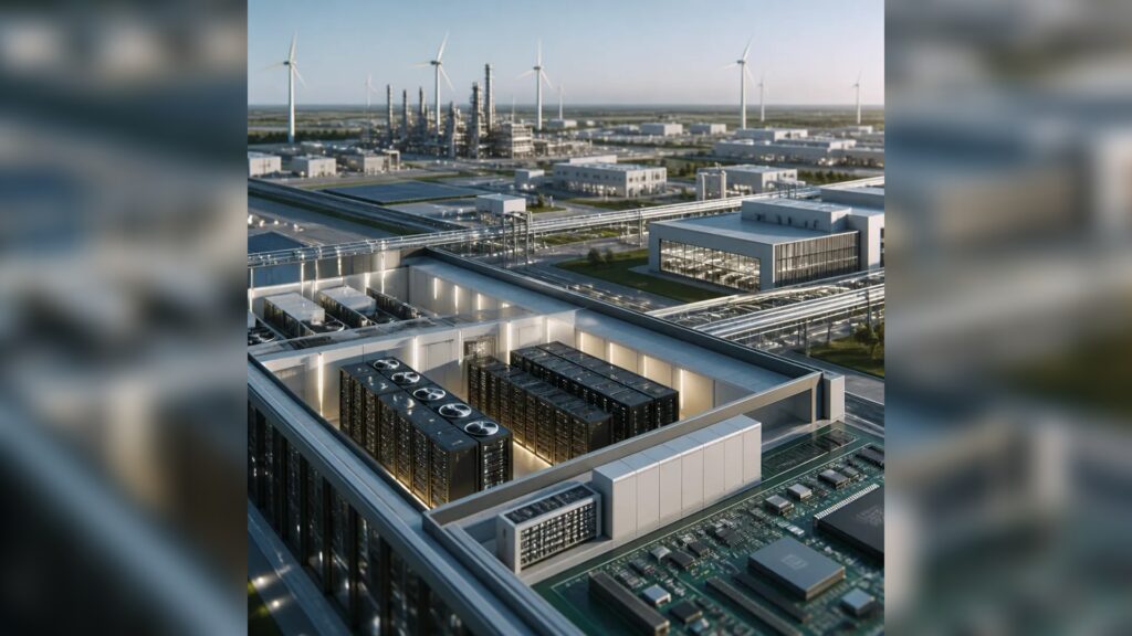 Blick auf ein Industrieareal mit Rechenzentrums-Racks auf einem Flachdach, Windrädern und Anlagen im Hintergrund; im Vordergrund Teile einer Leiterplatte.